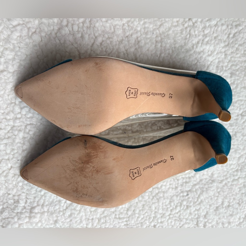 Gianvito Rossi Designer Teal Blue Suede Plexi Heels (37) - Picture 5 of 5